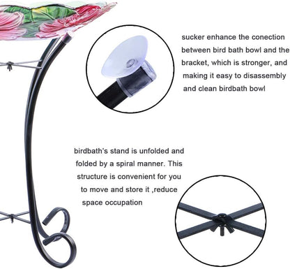 MUMTOP Outdoor Glass Birdbath with Metal Stand for Lawn Yard Garden Hummingbird Decor,18” Dia