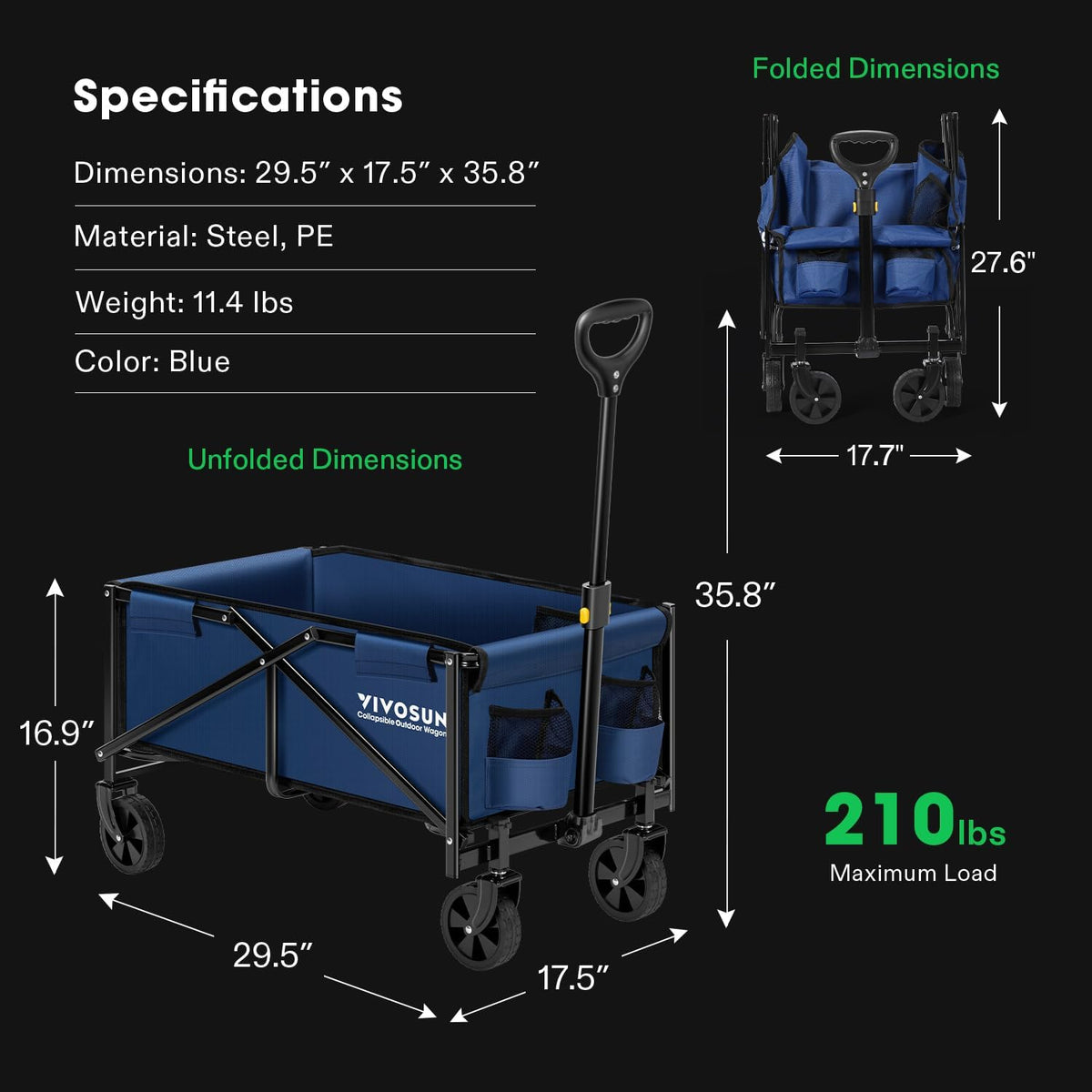 VIVOSUN Collapsible Folding Wagon, Outdoor Utility with All-Terrain Wheels, Adjustable Handle, Cup