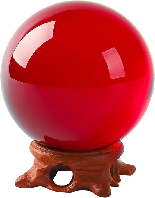 Red Crystal Ball 100mm/3.9 inch with Rose Wooden Stand and Gift Box for lensball