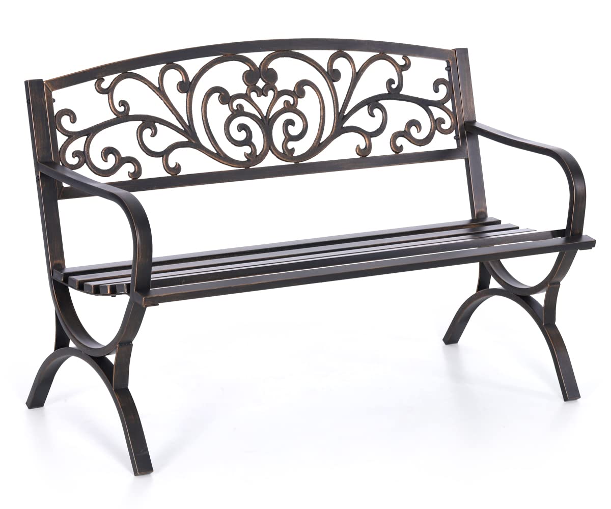 MFSTUDIO 50 Inches Outdoor Garden Bench Cast Iron Metal Frame Floral Bronze