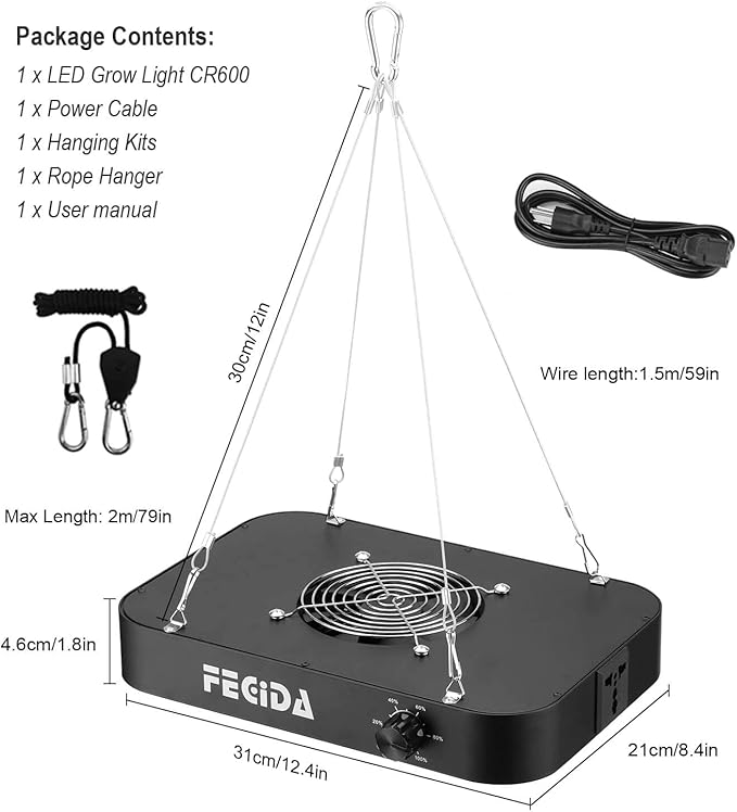 FECiDA 1200W Equivalent LED Grow Light, 130W True Power Full Spectrum Plant Light, 0–100% Dimmable