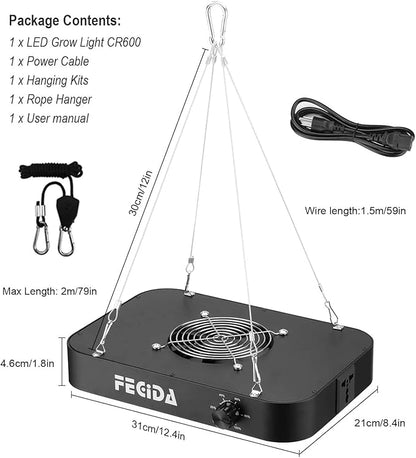 FECiDA 600W Equivalent LED Grow Light, 65W True Power Full Spectrum Plant Light, 0–100% Dimmable
