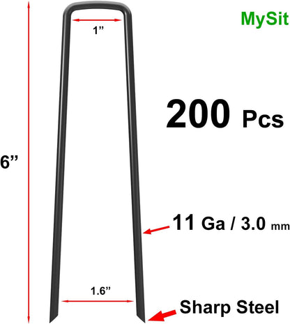 MySit 6" Garden Staples Landscape Stakes Ground Pins 200 Pack, Lawn Staples Weed Fabric Staple