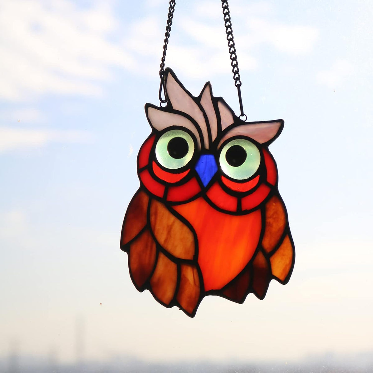 Owl Bird Stained Glass Window Hanging Suncatcher,Bird Decor Wall Art for Living Room Bedroom