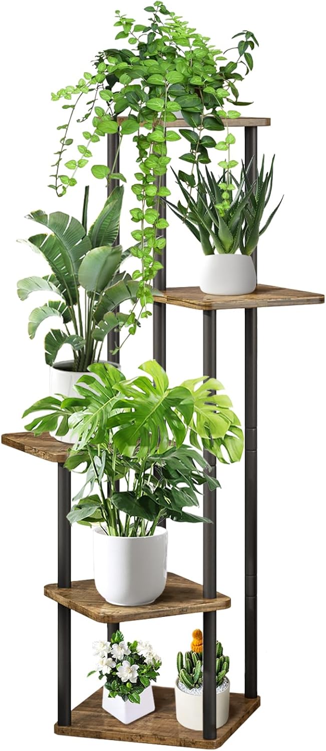 5 Tier Wood Tall Plant Stand Metal Rack Indoor, Multiple Flower Pot Holder Shelves Corner Rack
