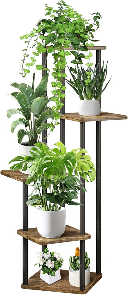 5 Tier Wood Tall Plant Stand Metal Rack Indoor, Multiple Flower Pot Holder Shelves Corner Rack