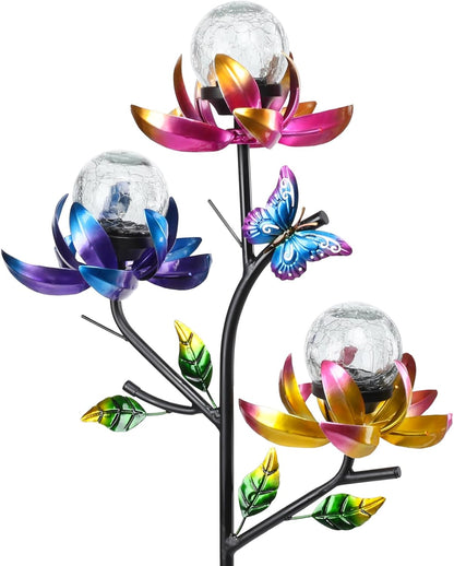 Solar Lights Outdoor Decorative Lotus Flowers Wind Spinner Garden Stake with LED Crackle Balls