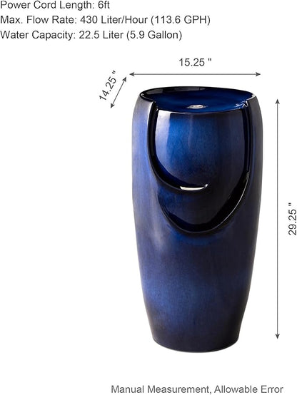 Glitzhome 29.25" H Oversized Ceramic Vase Outdoor Water Fountain Tall Patio Garden Water Fountain