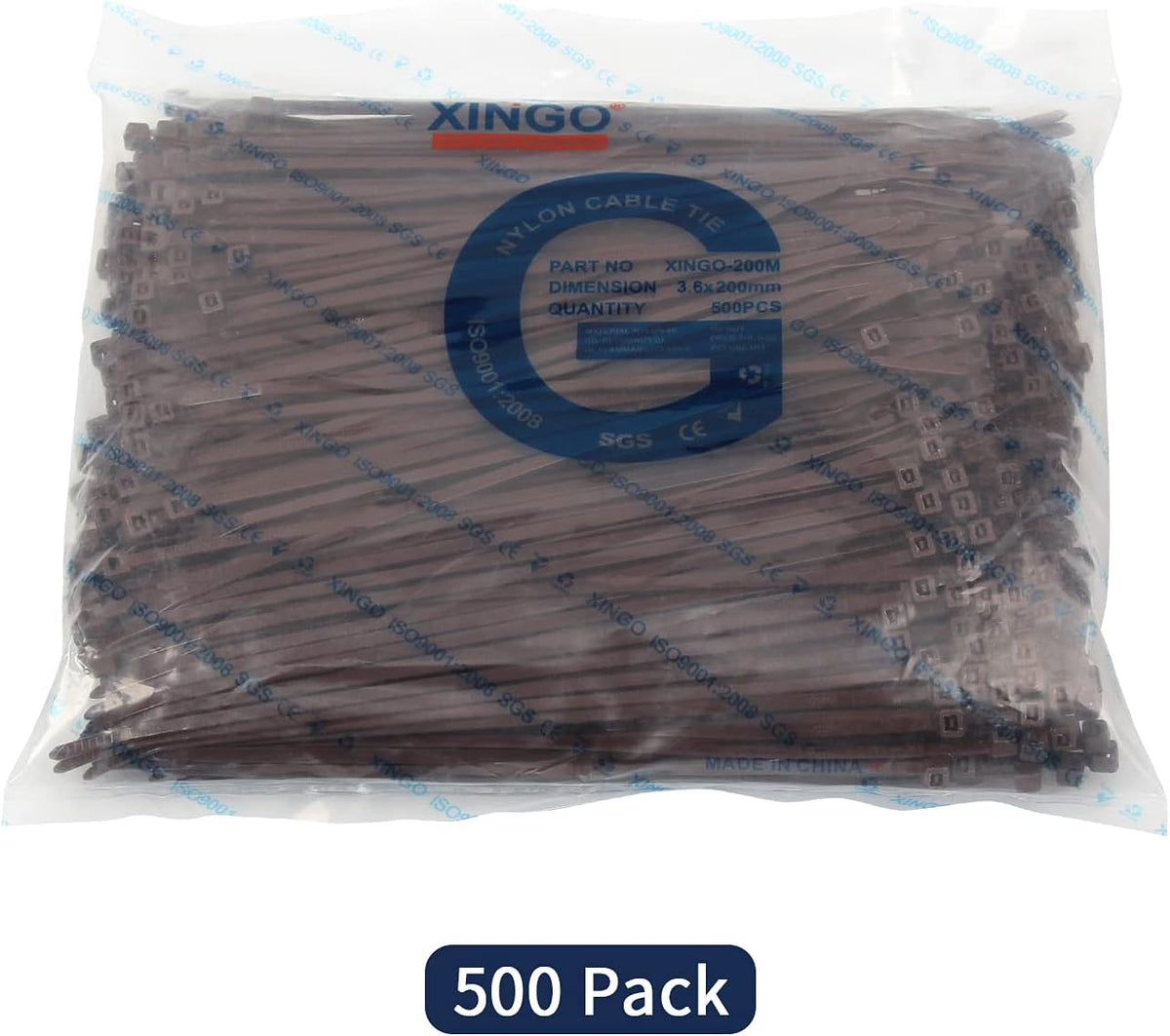 XINGO 8 Inch Brown Cable Zip Ties (500 Pack), 40 Lbs Tensile Strength-Heavy Duty, Self-Locking