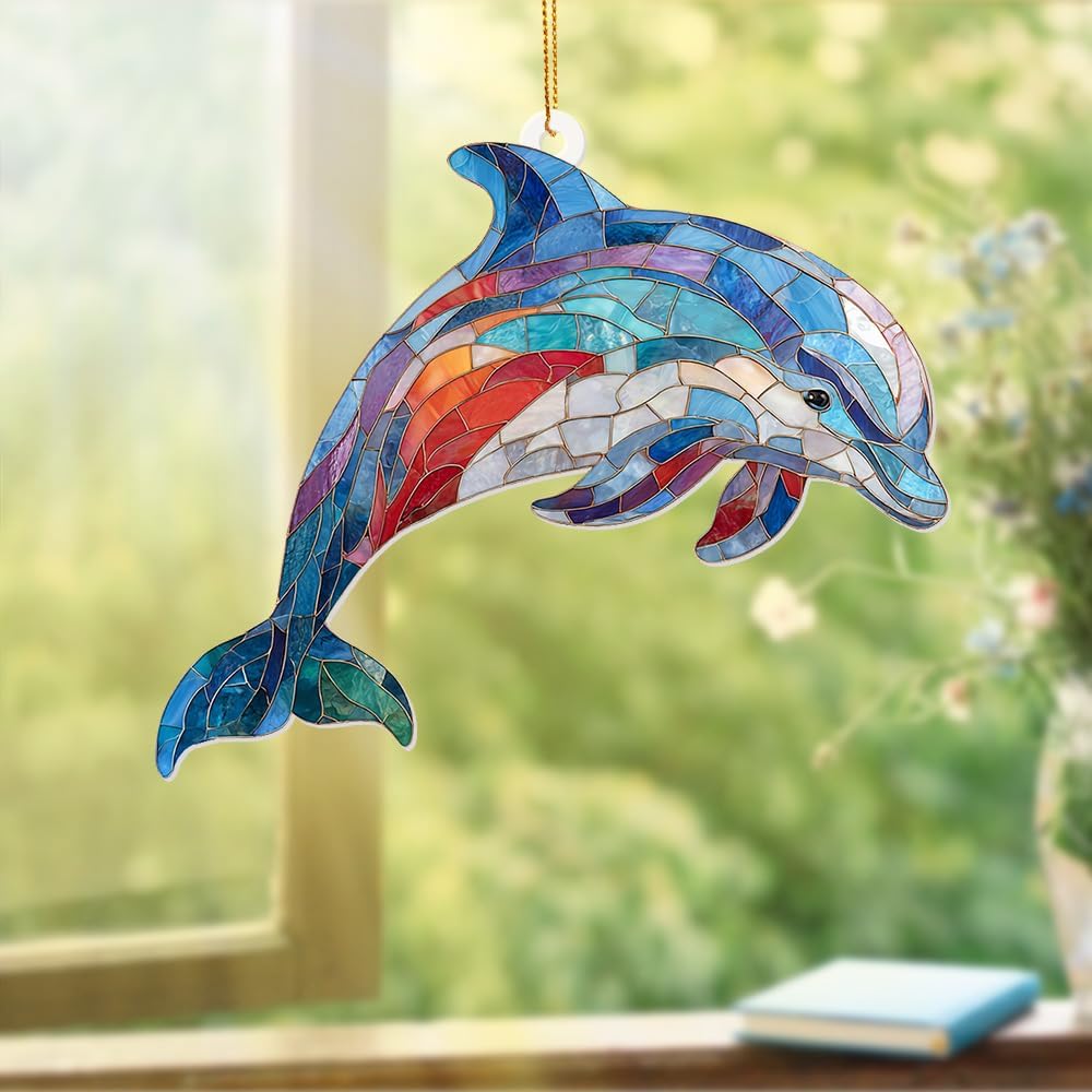 Dolphin Stained Glass Ornament, Ocean Marine Life Window Hanging Suncatcher Acrylic Decor, Nautical