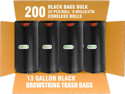 13 Gallon Trash Bags Drawstring, 200 Count Bulk, Black & Unscented Garbage Bags, Multi-purpose Tall