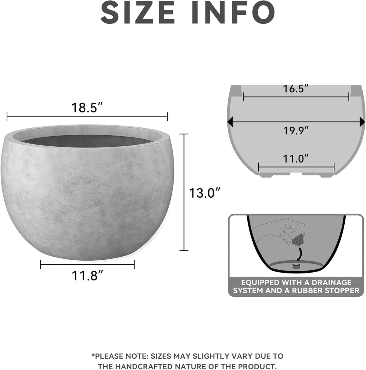 Kante 19.9" Dia Round Concrete Planter, Outdoor/Indoor Large Bowl Plant Pots with Drainage Hole and