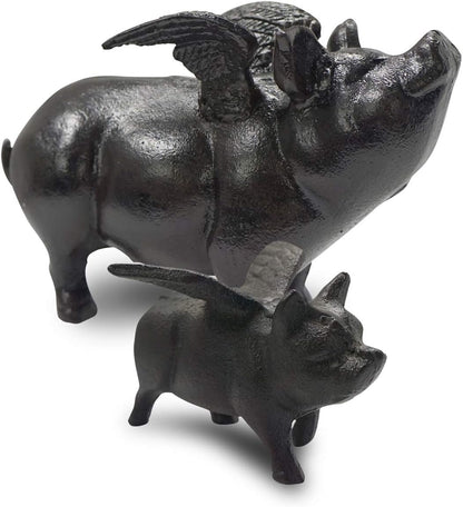 NACH Cast Iron Flying Pig Garden Statue - Black Door Stopper, Rustic Decor Sculpture, Paperweight