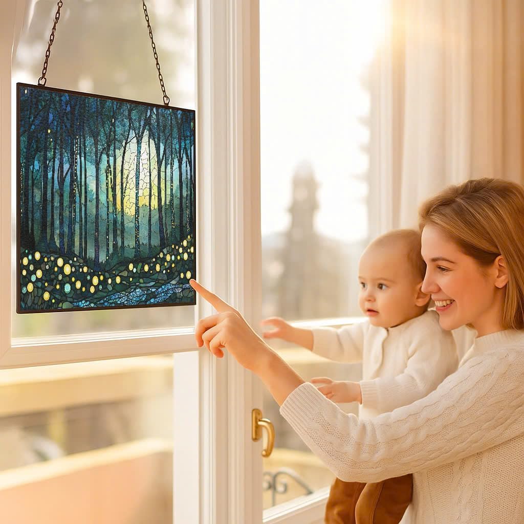 Personalized Rectangle Boho Firefly Forest Suncatcher Stained Glass Window Hangings Sun Catchers