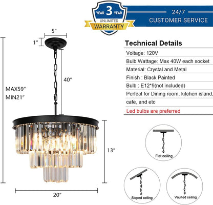 Crystal Chandeliers for Dining Room Lights Fixtures, 9 Lights Black Modern Chandeliers for Bedroom