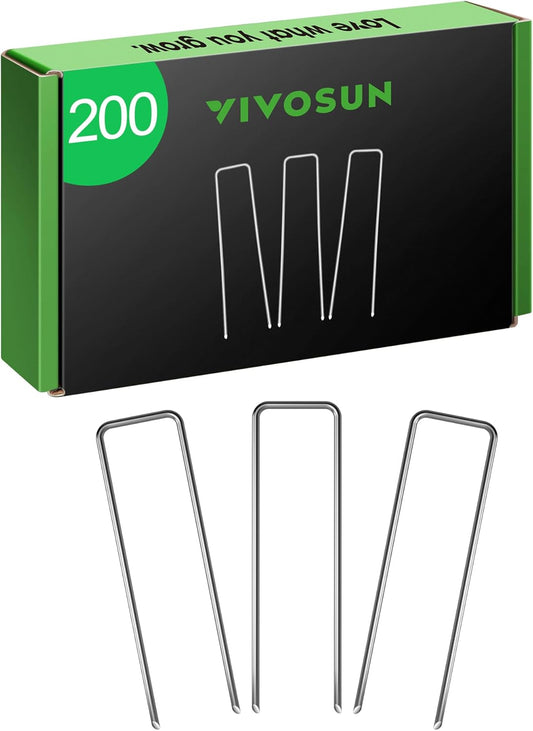 VIVOSUN 6-Inch 200-Pack Garden Stakes, 11-Gauge Galvanized Steel U-Shaped Staples for Landscape