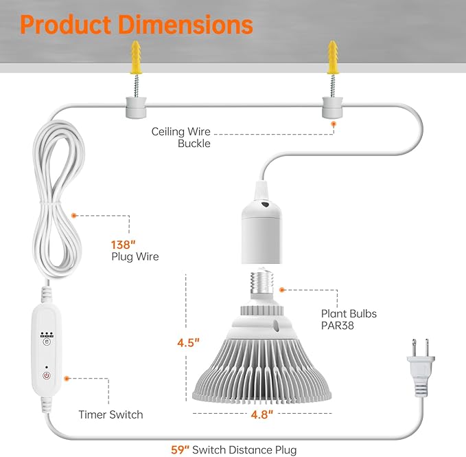 Bstrip Hanging Grow Lights for Indoor Plants, 25W Full Spectrum, White Plant Light Bulb with Timer