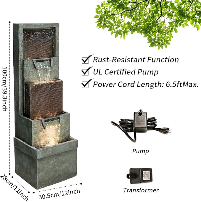 39.3”H Outdoor Garden Waterfall Fountain-Indoor Water Fountain with LED Lights, for Gardens