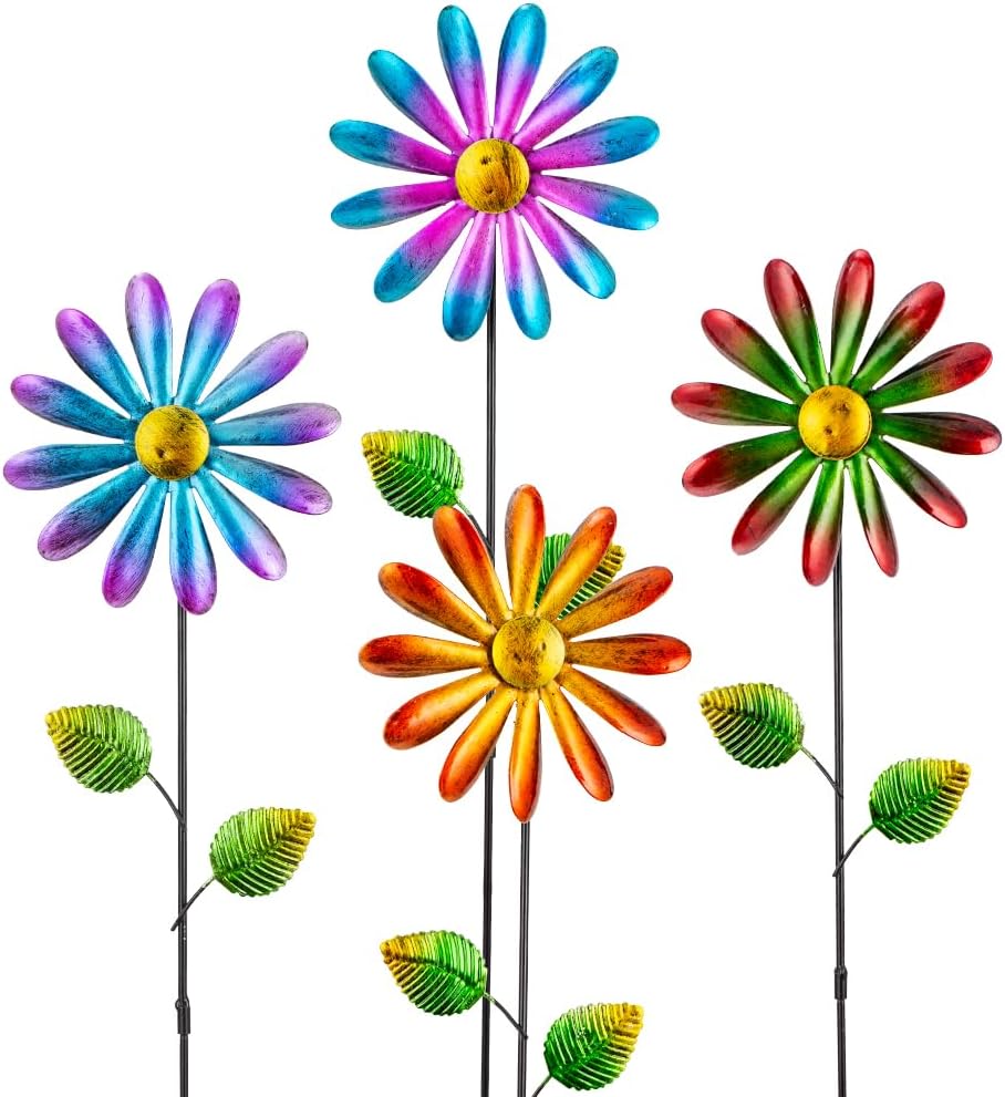 DREAMYSOUL 4 Packs Metal Flowers Wind Spinners Outdoor, Pinwheel Decorative Garden Stakes, Metal