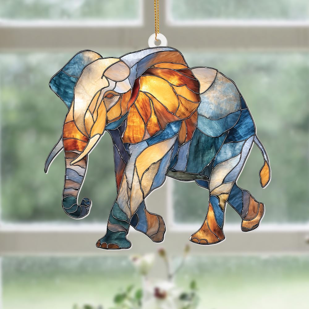 Elephant Ornament Stained Glass Style Acrylic – Window Hanging Suncatcher, Elephant Gifts for