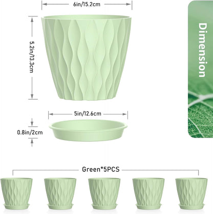 6 inch Plant Pots, 5 Set Water Ripples Flower Pots for Indoor Outdoor Plants, Plastic Planters with
