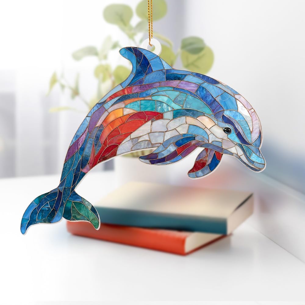 Dolphin Stained Glass Ornament, Ocean Marine Life Window Hanging Suncatcher Acrylic Decor, Nautical