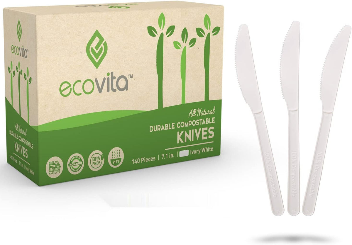 Ecovita 100% Compostable Knives - 140 Large Disposable Utensils (7 in.) Eco Friendly Durable and