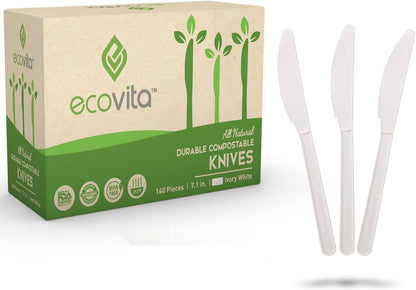 Ecovita 100% Compostable Knives - 140 Large Disposable Utensils (7 in.) Eco Friendly Durable and