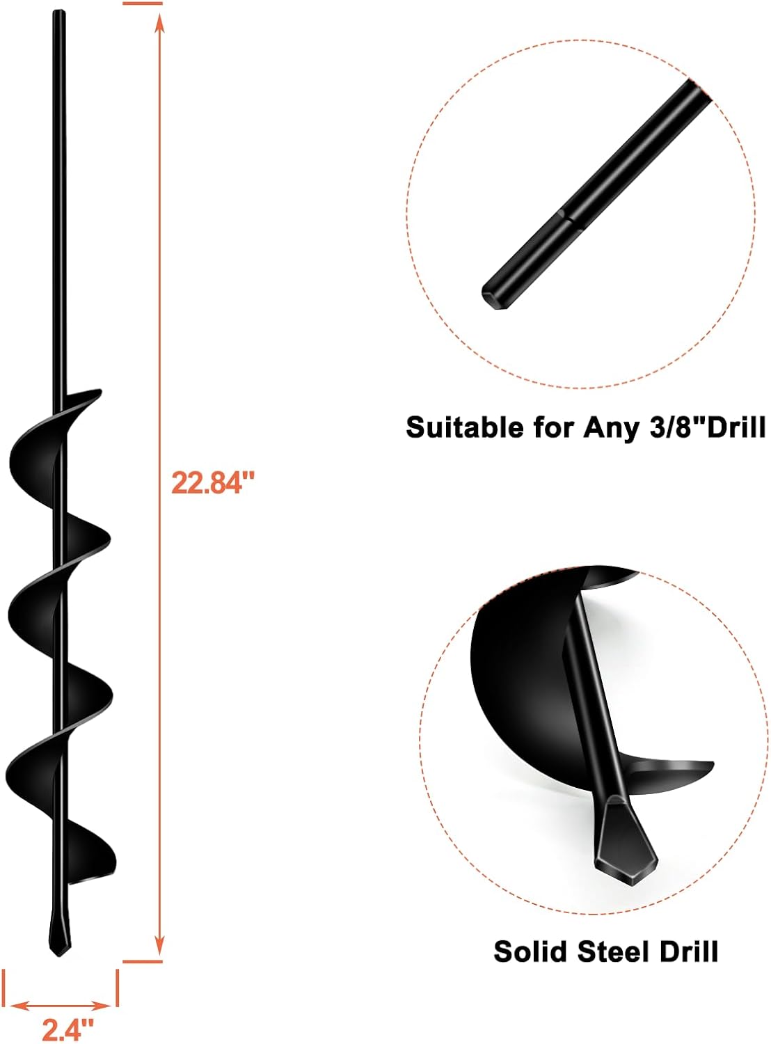 LONGRUN Auger Drill Bit for Planting, Garden Spiral Hole Drill for 3/8” Hex Drive Augers, Solid