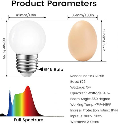 LED Light Bulb, 95Ra Daywhite Refrigerator Light Bulb G45 40W Equivalent, 5W 6000K E26 Waterproof