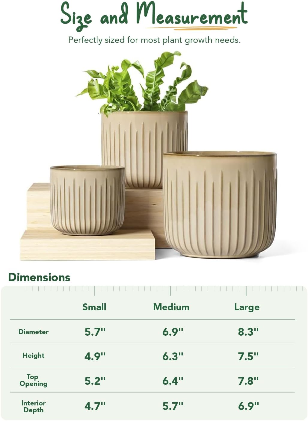 LE TAUCI Fluted Ceramic Planters Set of 3 – 8.3/7 / 5.7 in Cloud Cream Reactive Cylinder Indoor