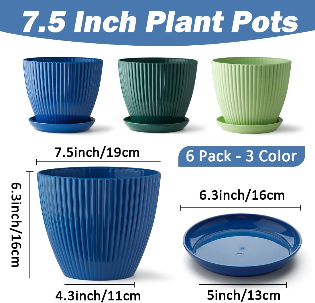 Plastic Plant Pots, 6 Pack 7.5 Inch Flower Pots with Drainage Holes and Saucer, Planters for Indoor