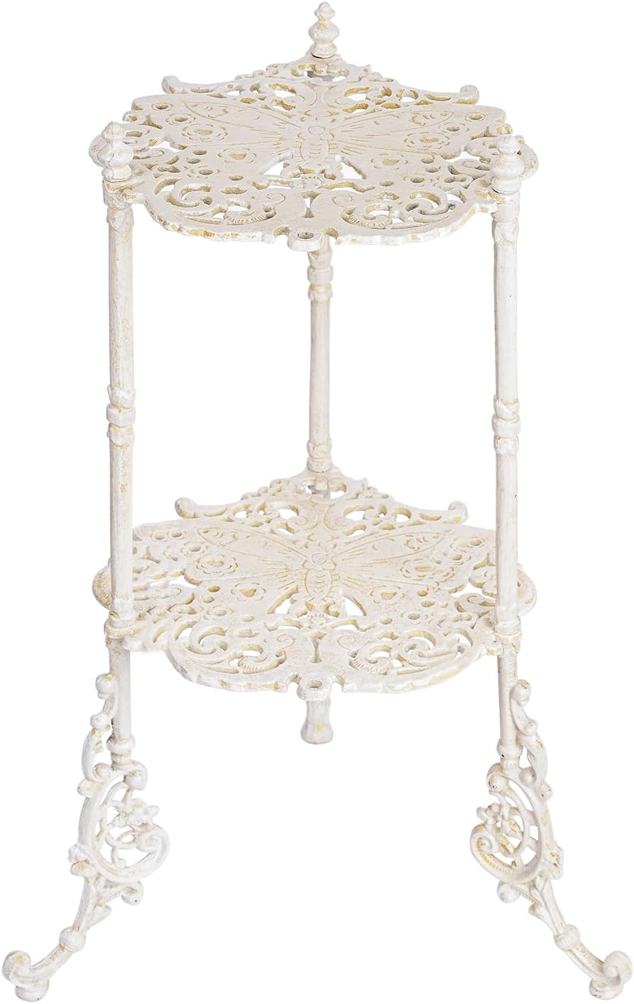 Sungmor Vintage Cast Iron 2-Tier Plant Stand, Elegant Butterfly & Floral Design with Antique White