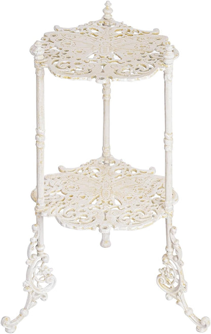 Sungmor Vintage Cast Iron 2-Tier Plant Stand, Elegant Butterfly & Floral Design with Antique White
