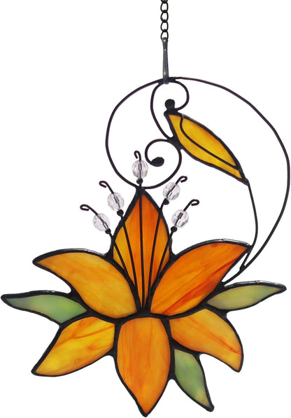 Orange Tiger Lily Flower Gift for Her Women, Love Gift Stained Glass Window Hanging Floral