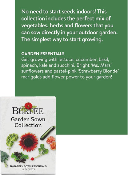 Burpee Garden Sown Flower, Herb & Vegetable 10 Packs of Non-GMO Basil, Lettuce, Cucumber, Radish