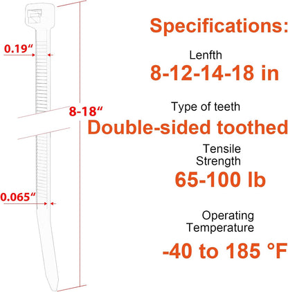 Zip Ties Assorted Size,8+12+14+18 Inch Double Sided Toothed,100 LBS Tensile Strength Heavy Duty