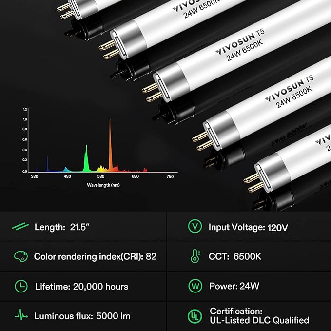 VIVOSUN T5 Grow Light Bulbs 2 Ft 22 Inches, 24W 6500K HO Fluorescent Tubes Light Bulbs, Cool White