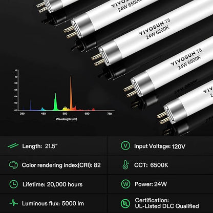 VIVOSUN T5 Grow Light Bulbs 2 Ft 22 Inches, 24W 6500K HO Fluorescent Tubes Light Bulbs, Cool White