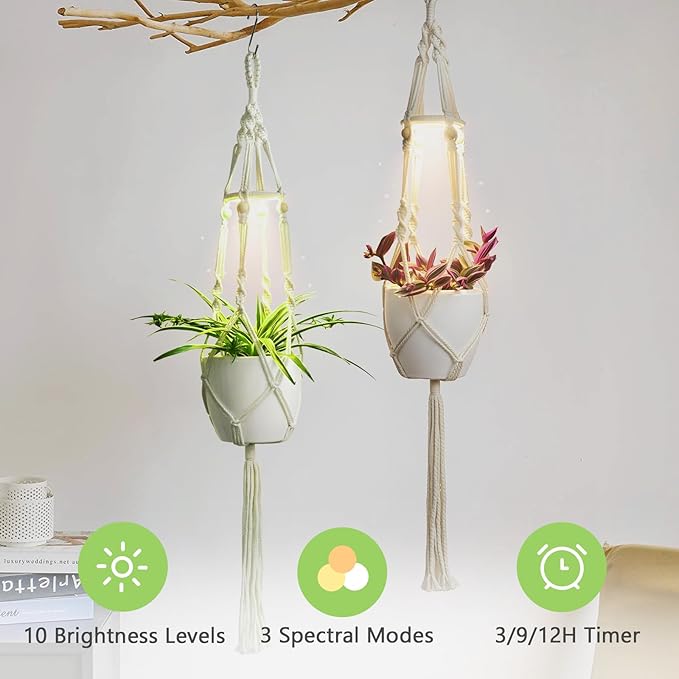 Macrame Plant Hanger with Grow Light: 2 Pack Sturdy Hanging Planters for Indoor Plants, Cute Plant