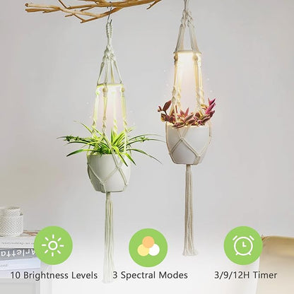 Macrame Plant Hanger with Grow Light: 2 Pack Sturdy Hanging Planters for Indoor Plants, Cute Plant