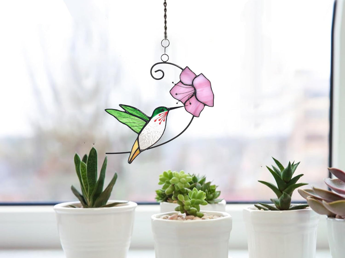 Lolitarcrafts Hummingbird with Flower Stained Glass Suncatcher Bird Stained Glass Window Hangings