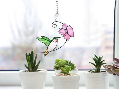 Lolitarcrafts Hummingbird with Flower Stained Glass Suncatcher Bird Stained Glass Window Hangings