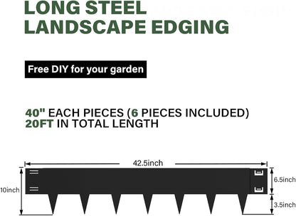 Black Steel Landscape Edging - 6 Pack, 40" L x 10" H Each (20ft Total), Bendable Metal Edging for