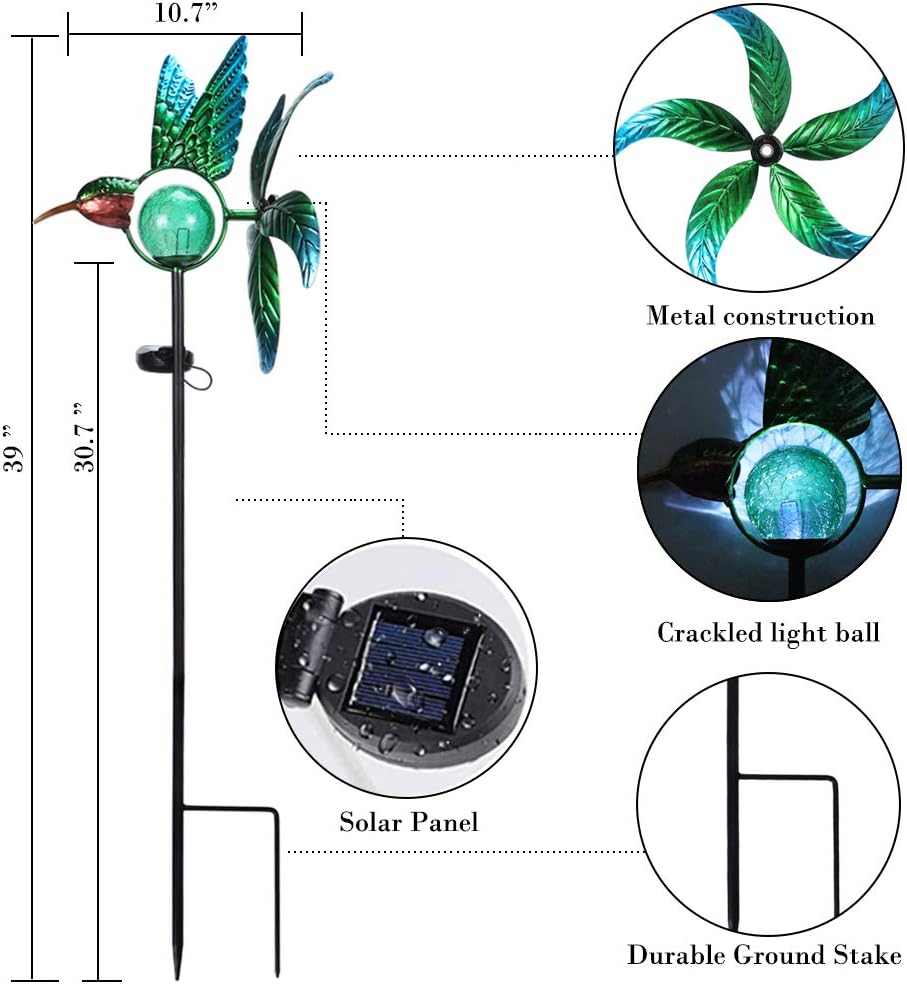 Afirst Solar Hummingbird Wind Spinner, Metal Kinetic Garden Stake Lights Wind Spinners, Outdoor
