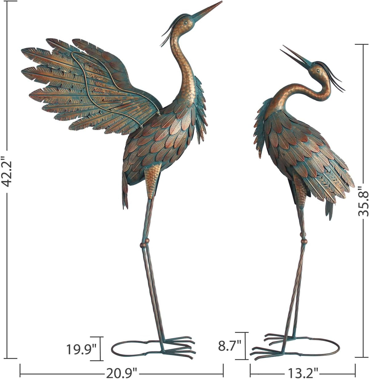 Metal Heron Yard Art, Standing Garden Sculptures & Statues for Outdoor Decor, 38-42 Inch Set of 2