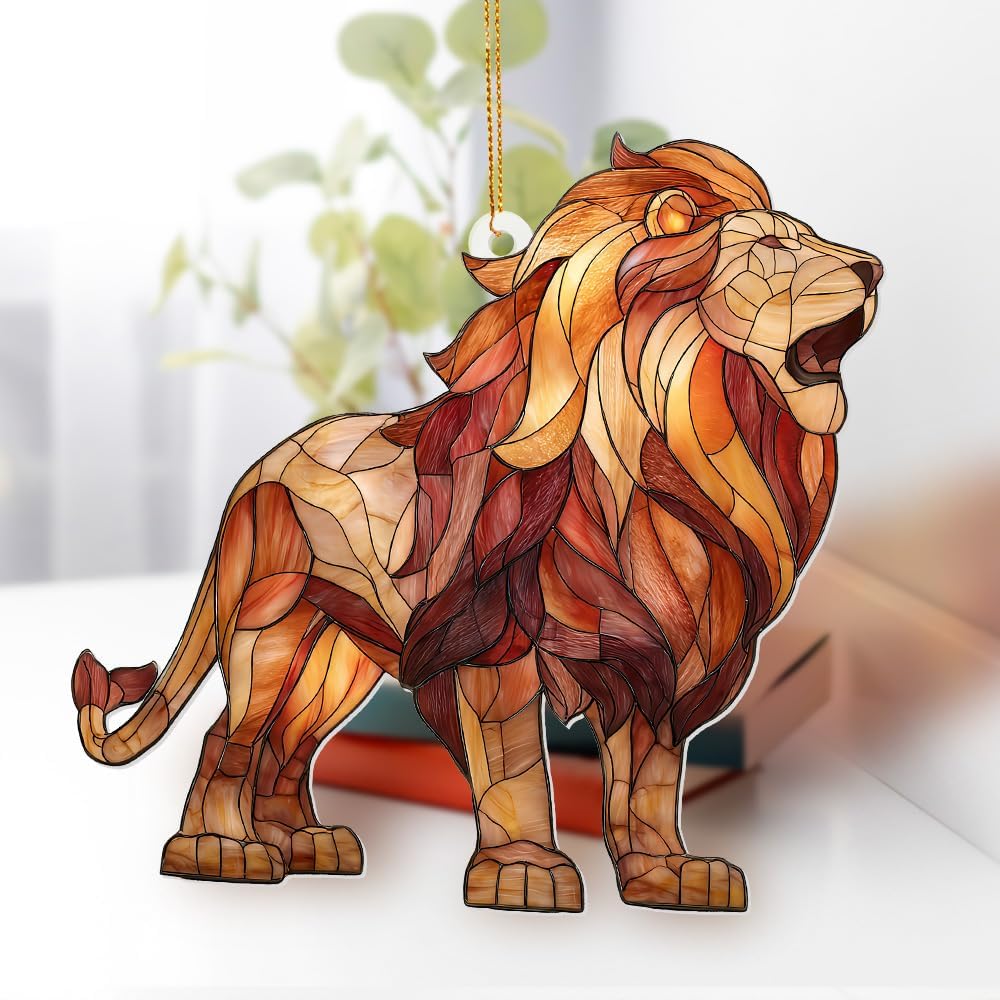 Lion Stained Glass Ornament Acrylic Window Hanging Sun Catcher – Wildlife Animal Decor for