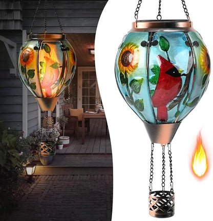 Hot Air Balloon Solar Lantern - Cardinal Bird Glass Lantern, Simulated Flickering & Dancing Flame