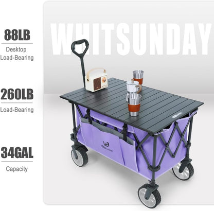 Whitsunday Folding Collapsible Utility Wagon, 400Lbs Heavy Duty Outdoor Park Beach Wagon with Table
