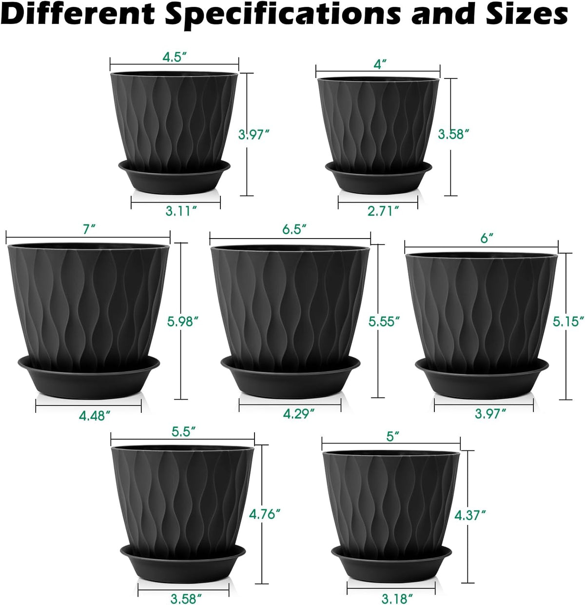 GARDIFE 7/6.5/6/5.5/5/4.5/4 inch Plant Pots, 7 Pack Flower Pots Indoor Outdoor, Planters with